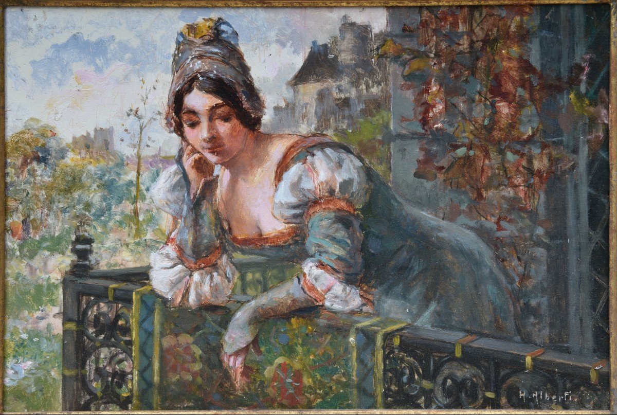 Henri Alberti "woman On The Balcony" Oil On Panel 24x33-photo-4